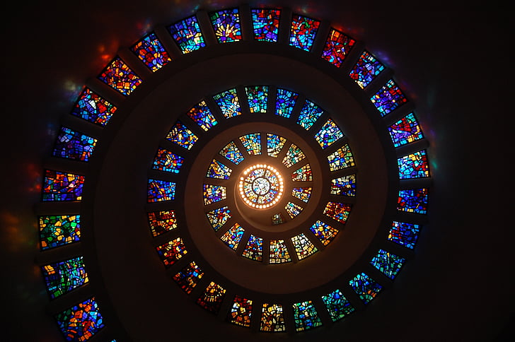 stained glass, spiral, circle, pattern, glass, religion, stained glass window